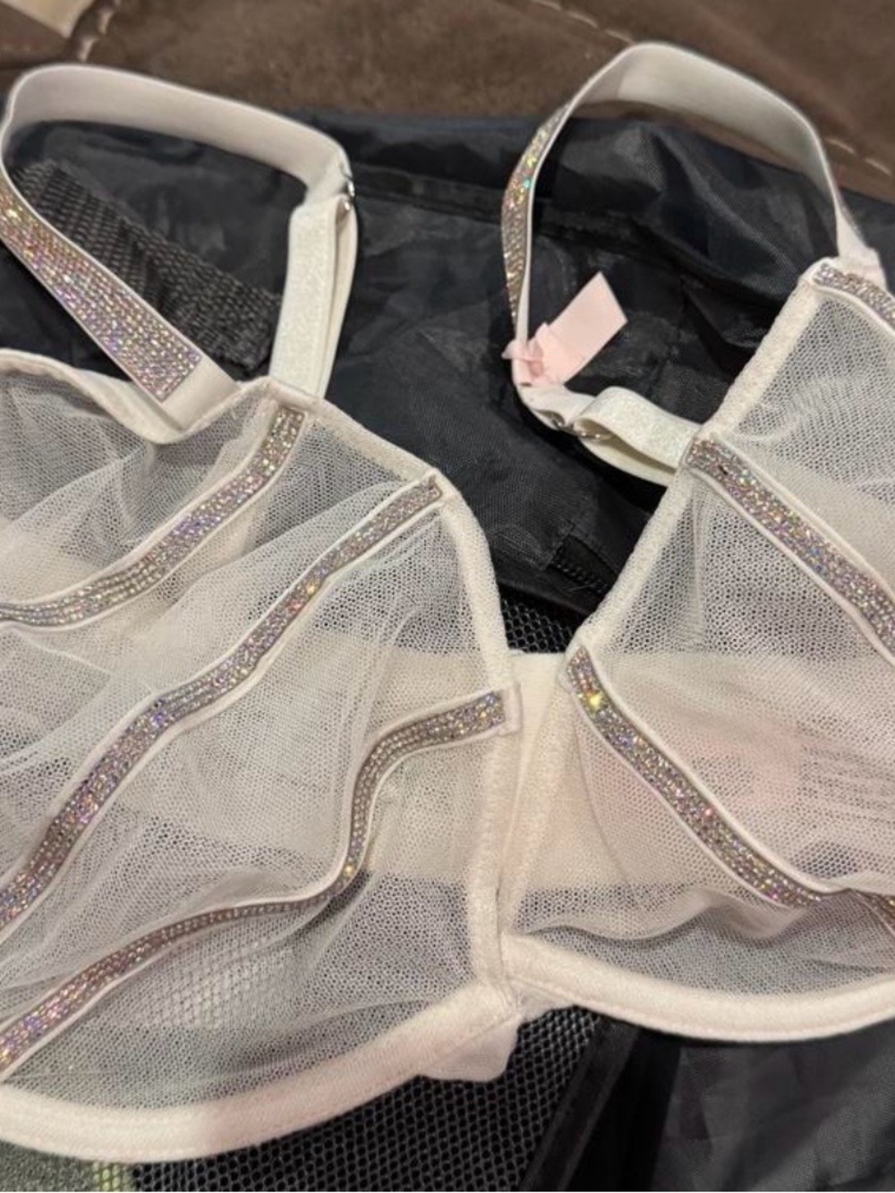 Victoria's Secret White Sheer Mesh Underwire Bra with Crystal Straps